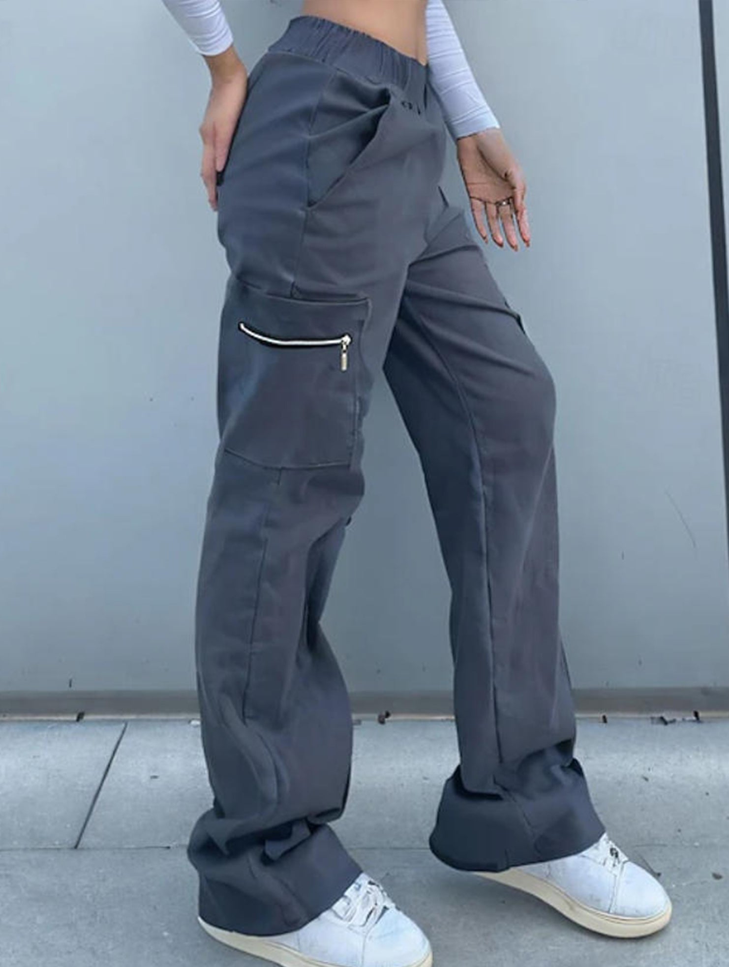 Women's High-Waisted Loose Straight-Leg Pants Casual Work Office Formal Everyday Floor-Length Trousers – Navy - Lolly 