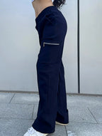 Women's High-Waisted Loose Straight-Leg Pants Casual Work Office Formal Everyday Floor-Length Trousers – Navy - Lolly 