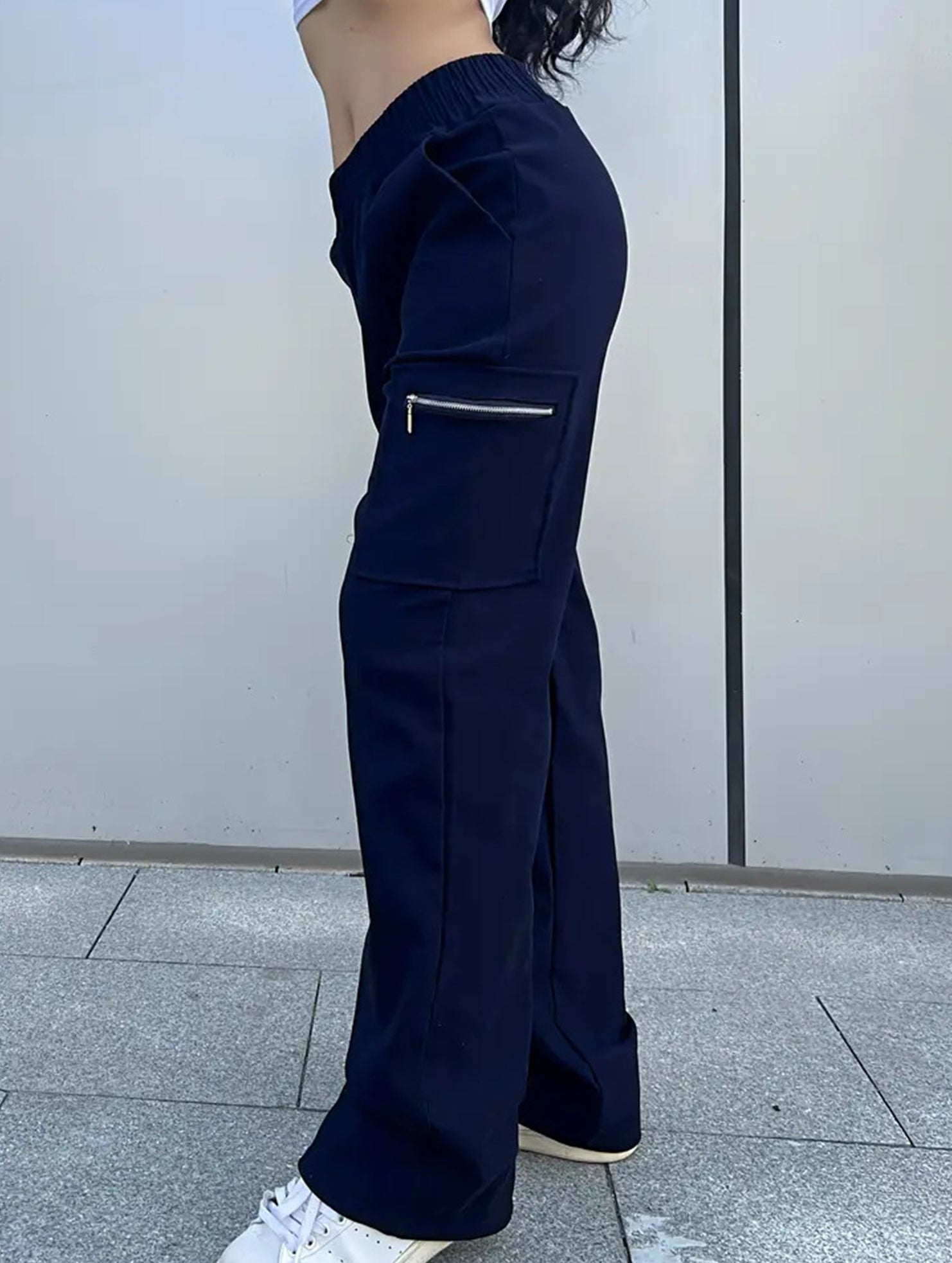 Women's High-Waisted Loose Straight-Leg Pants Casual Work Office Formal Everyday Floor-Length Trousers – Navy - Lolly 