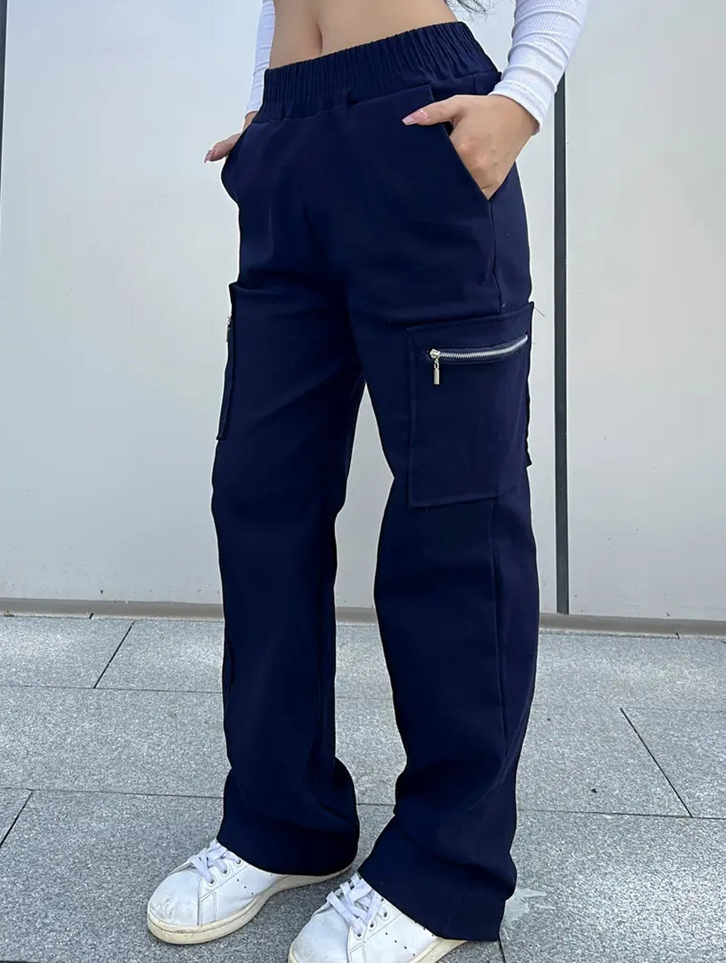 Women's High-Waisted Loose Straight-Leg Pants Casual Work Office Formal Everyday Floor-Length Trousers – Navy - Lolly 
