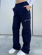 Women's High-Waisted Loose Straight-Leg Pants Casual Work Office Formal Everyday Floor-Length Trousers – Navy - Lolly 