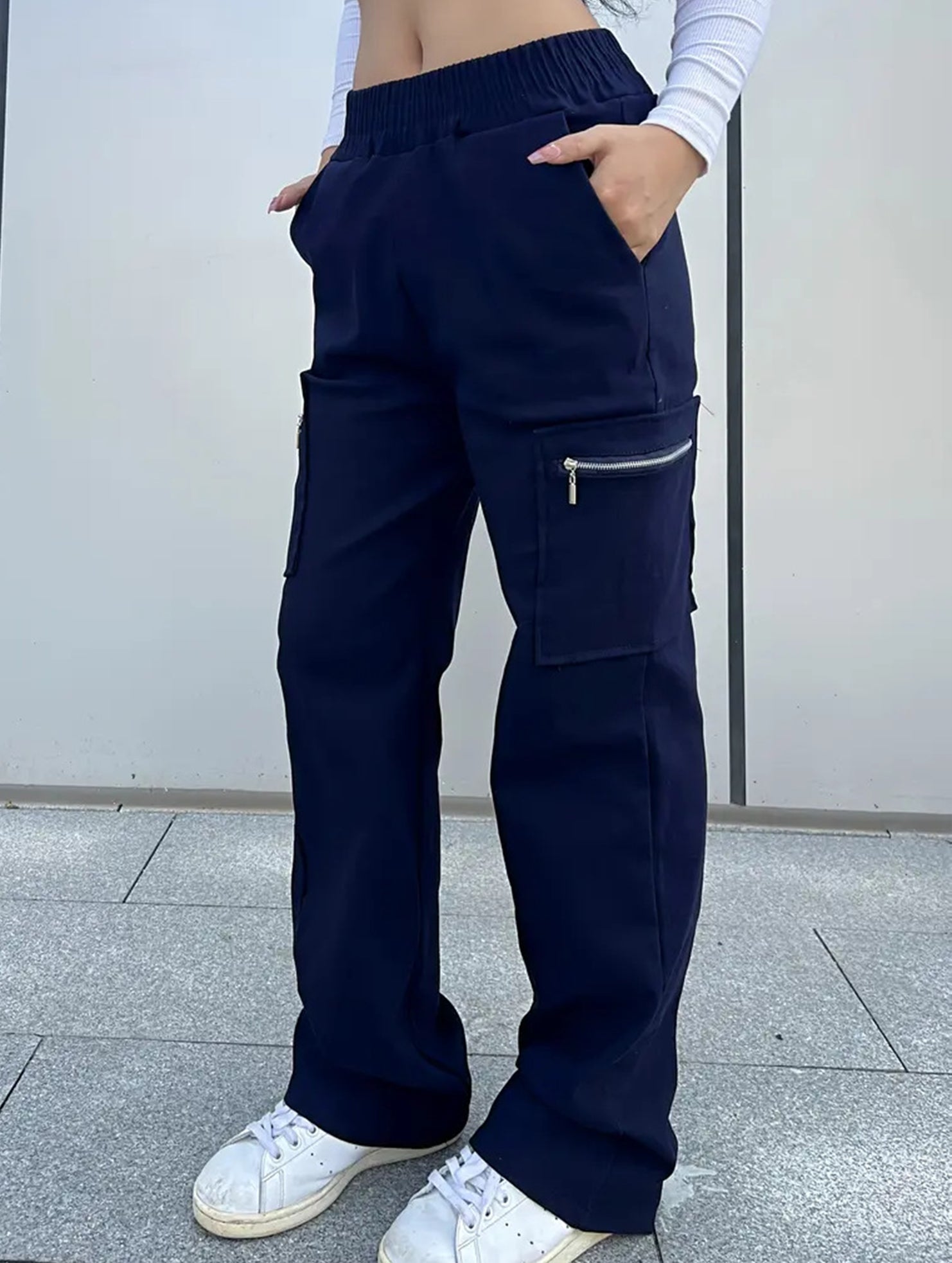 Women's High-Waisted Loose Straight-Leg Pants Casual Work Office Formal Everyday Floor-Length Trousers – Navy - Lolly 