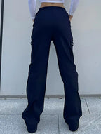 Women's High-Waisted Loose Straight-Leg Pants Casual Work Office Formal Everyday Floor-Length Trousers – Navy - Lolly 