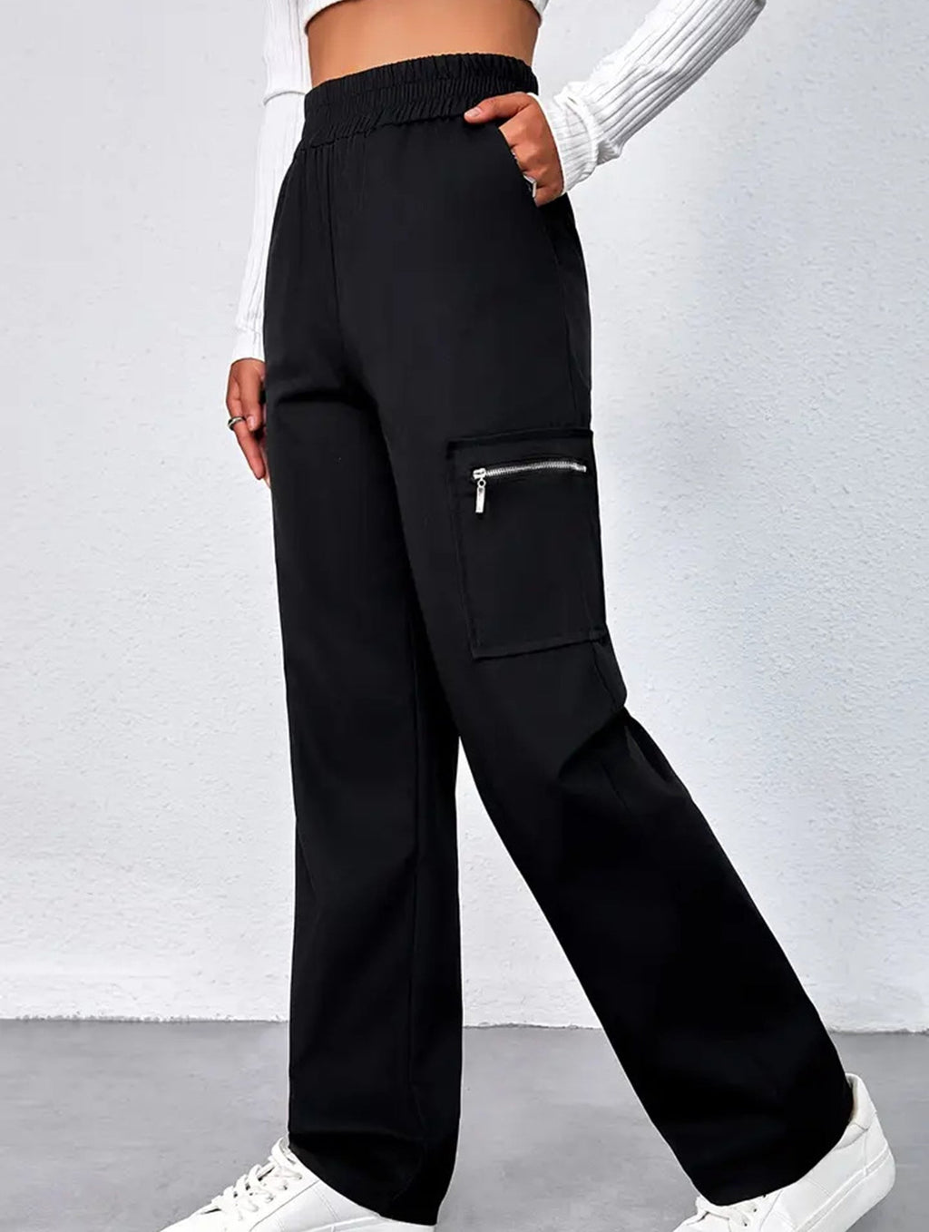 Women's High-Waisted Loose Straight-Leg Pants Casual Work Office Formal Everyday Floor-Length Trousers – Navy - Lolly 