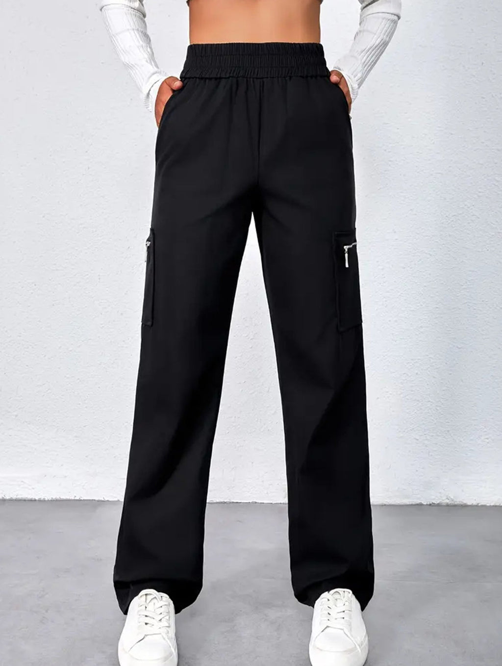 Women's High-Waisted Loose Straight-Leg Pants Casual Work Office Formal Everyday Floor-Length Trousers – Navy - Lolly 