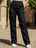 Women's High-Waisted Loose Straight-Leg Pants Casual Work Office Formal Everyday Floor-Length Trousers – Navy - Lolly 