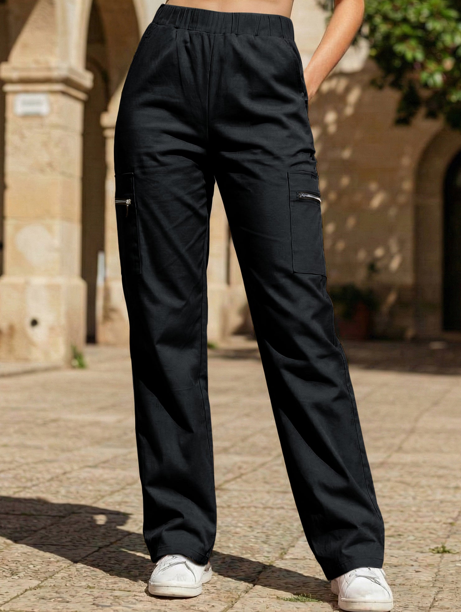 Women's High-Waisted Loose Straight-Leg Pants Casual Work Office Formal Everyday Floor-Length Trousers – Navy - Lolly 
