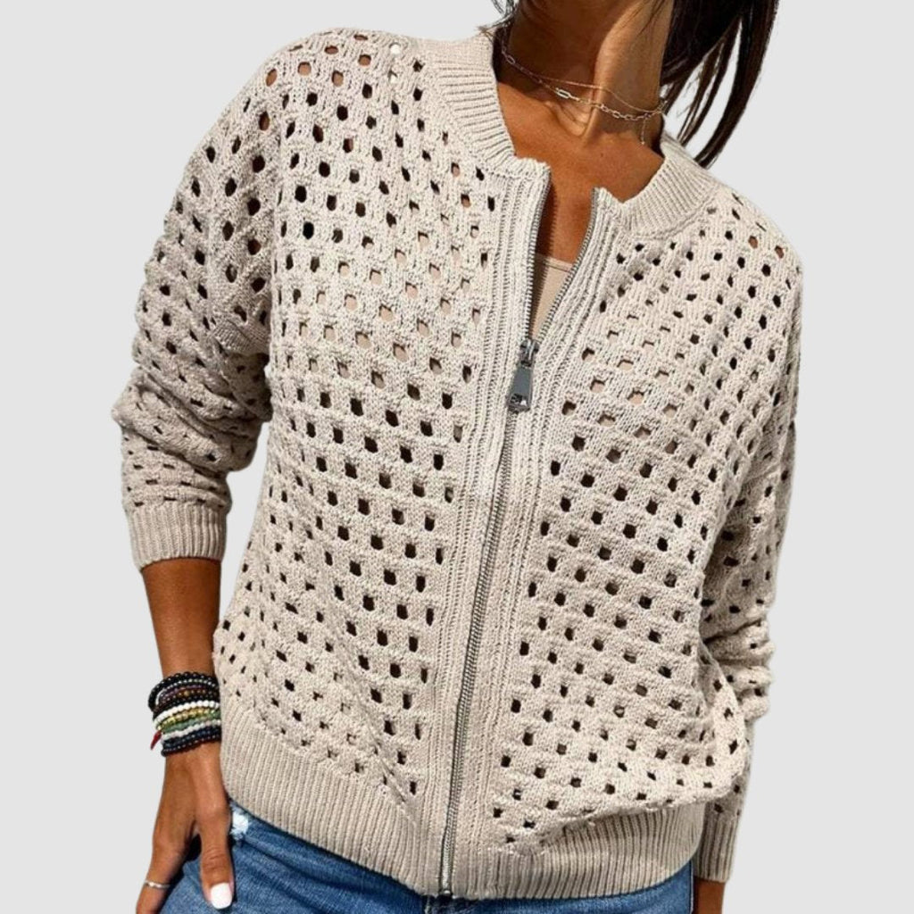 Women's Hollow-Knit Zip-Up Cardigan Relaxed Fit Open Knit Bomber Style - Lolly 