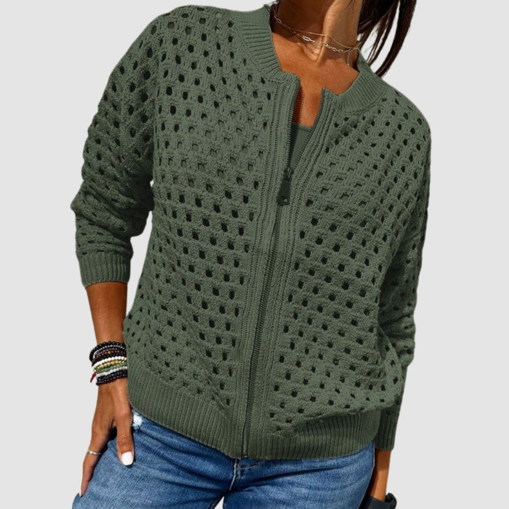 Women's Hollow-Knit Zip-Up Cardigan Relaxed Fit Open Knit Bomber Style - Lolly 