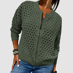 Women's Hollow-Knit Zip-Up Cardigan Relaxed Fit Open Knit Bomber Style - Lolly 