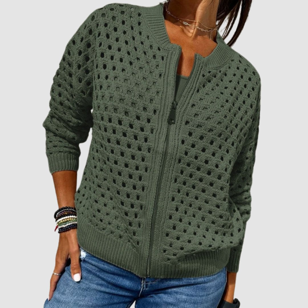 Women's Hollow-Knit Zip-Up Cardigan Relaxed Fit Open Knit Bomber Style - Lolly 