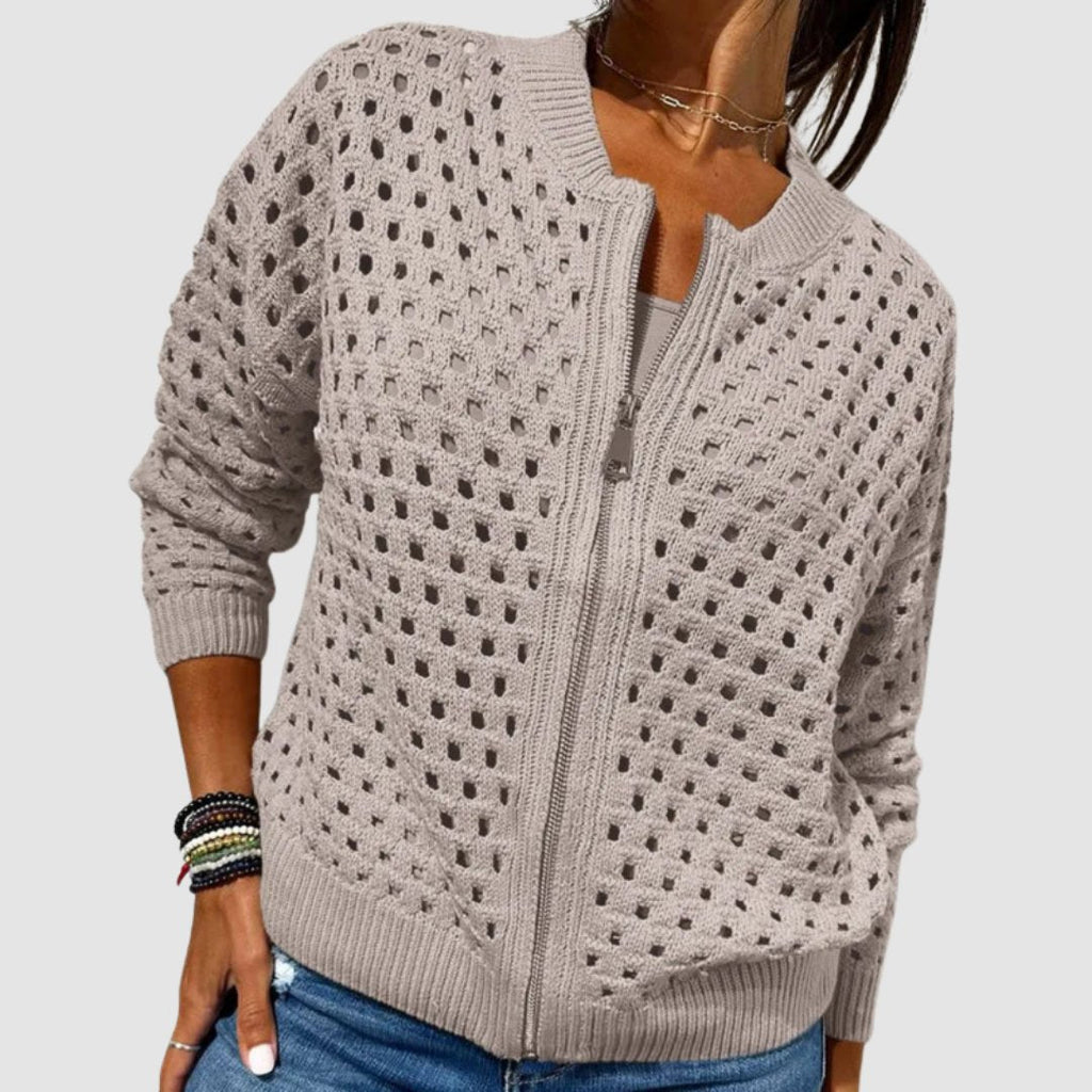 Women's Hollow-Knit Zip-Up Cardigan Relaxed Fit Open Knit Bomber Style - Lolly 