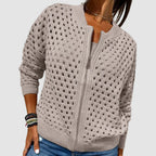 Women's Hollow-Knit Zip-Up Cardigan Relaxed Fit Open Knit Bomber Style - Lolly 
