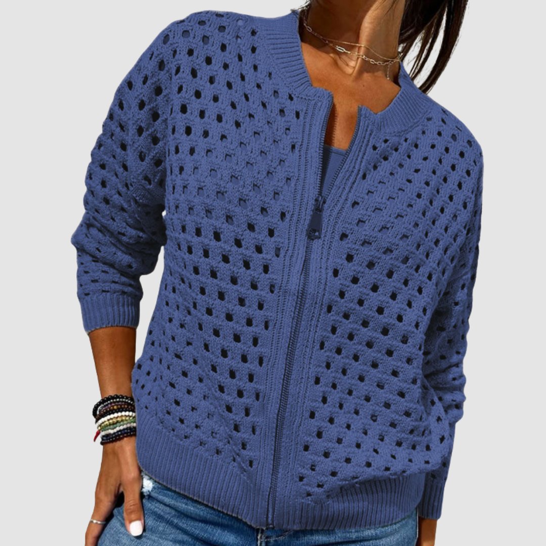 Women's Hollow-Knit Zip-Up Cardigan Relaxed Fit Open Knit Bomber Style - Lolly 
