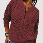 Women's Hollow-Knit Zip-Up Cardigan Relaxed Fit Open Knit Bomber Style - Lolly 