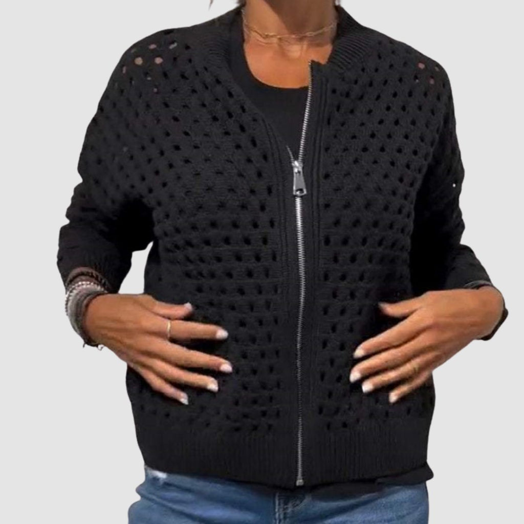 Women's Hollow-Knit Zip-Up Cardigan Relaxed Fit Open Knit Bomber Style - Lolly 