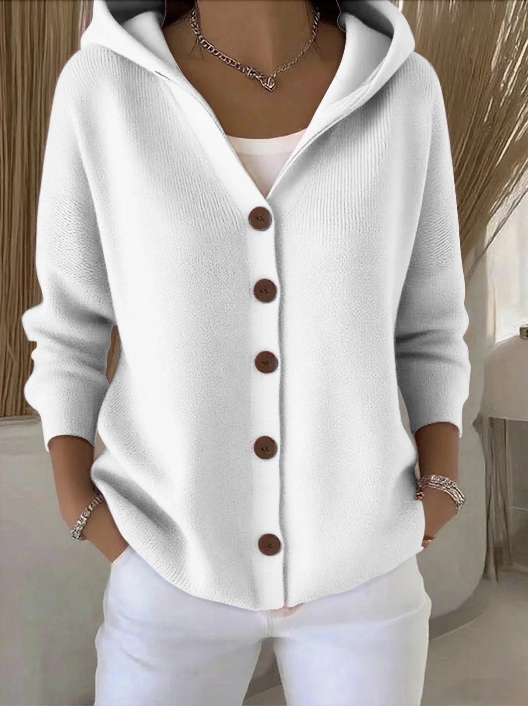 Women's Hooded Cardigan Relaxed Fit Button-Front Knit Sweater Casual Layering - Lolly 