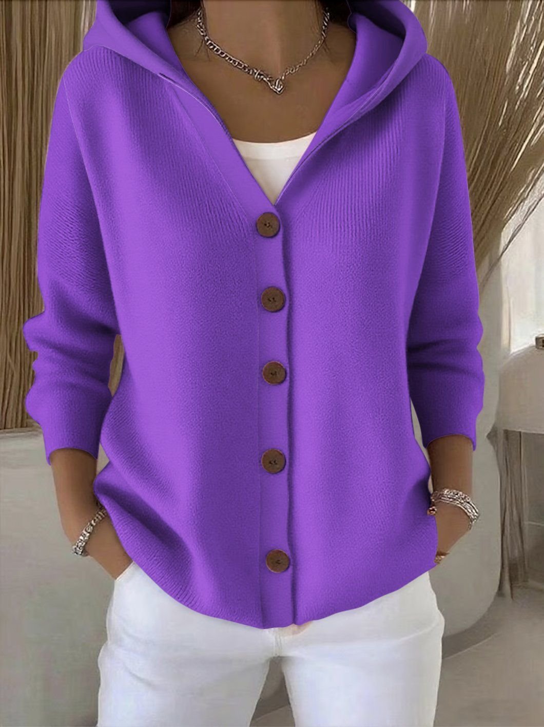 Women's Hooded Cardigan Relaxed Fit Button-Front Knit Sweater Casual Layering - Lolly 