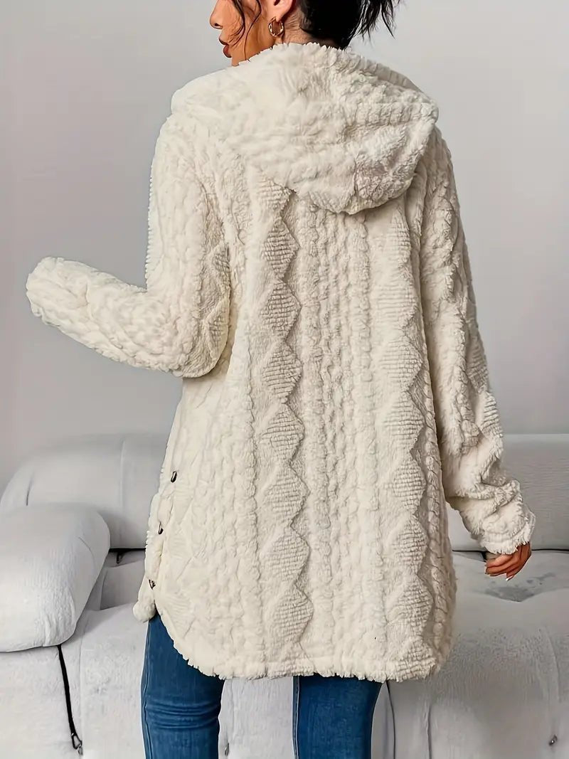 Women's Hooded Long Cardigan Plush Fleece Oversized Button-Front Winter Cozy Coat - Lolly 