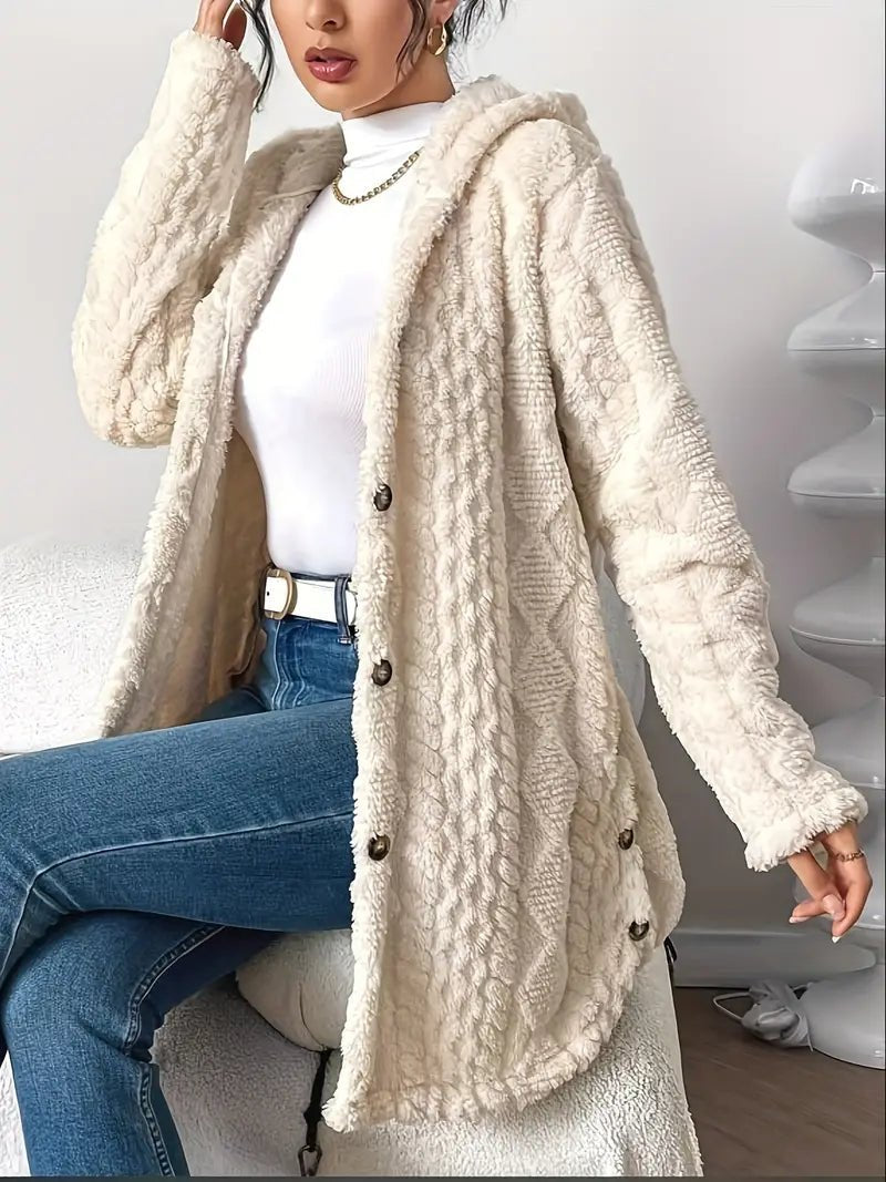 Women's Hooded Long Cardigan Plush Fleece Oversized Button-Front Winter Cozy Coat - Lolly 
