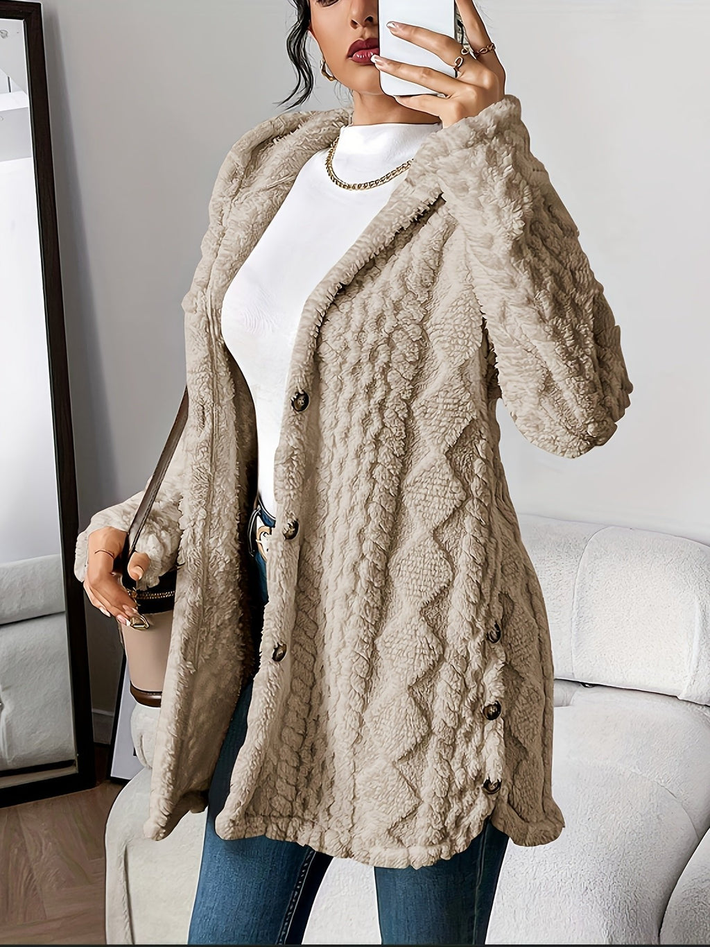 Women's Hooded Long Cardigan Plush Fleece Oversized Button-Front Winter Cozy Coat - Lolly 