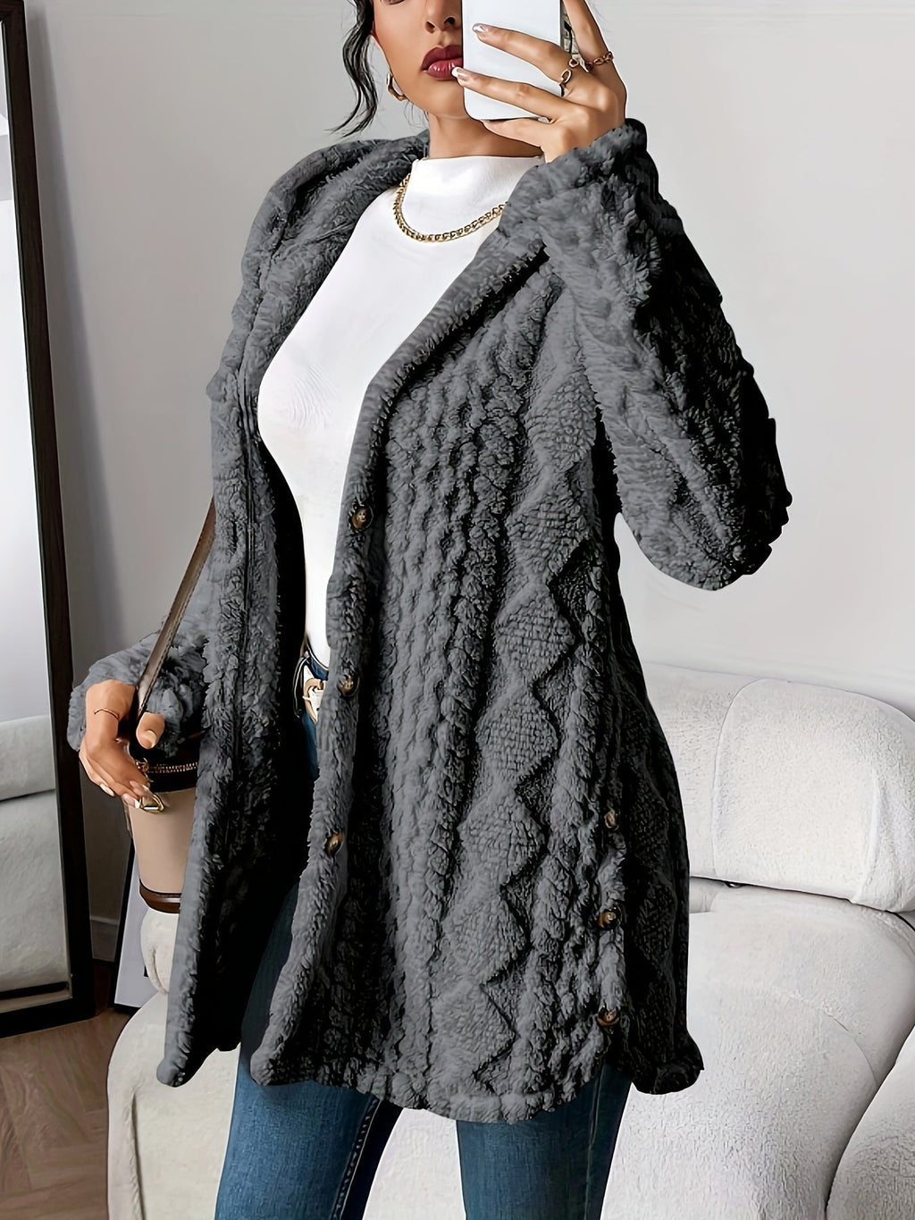 Women's Hooded Long Cardigan Plush Fleece Oversized Button-Front Winter Cozy Coat - Lolly 