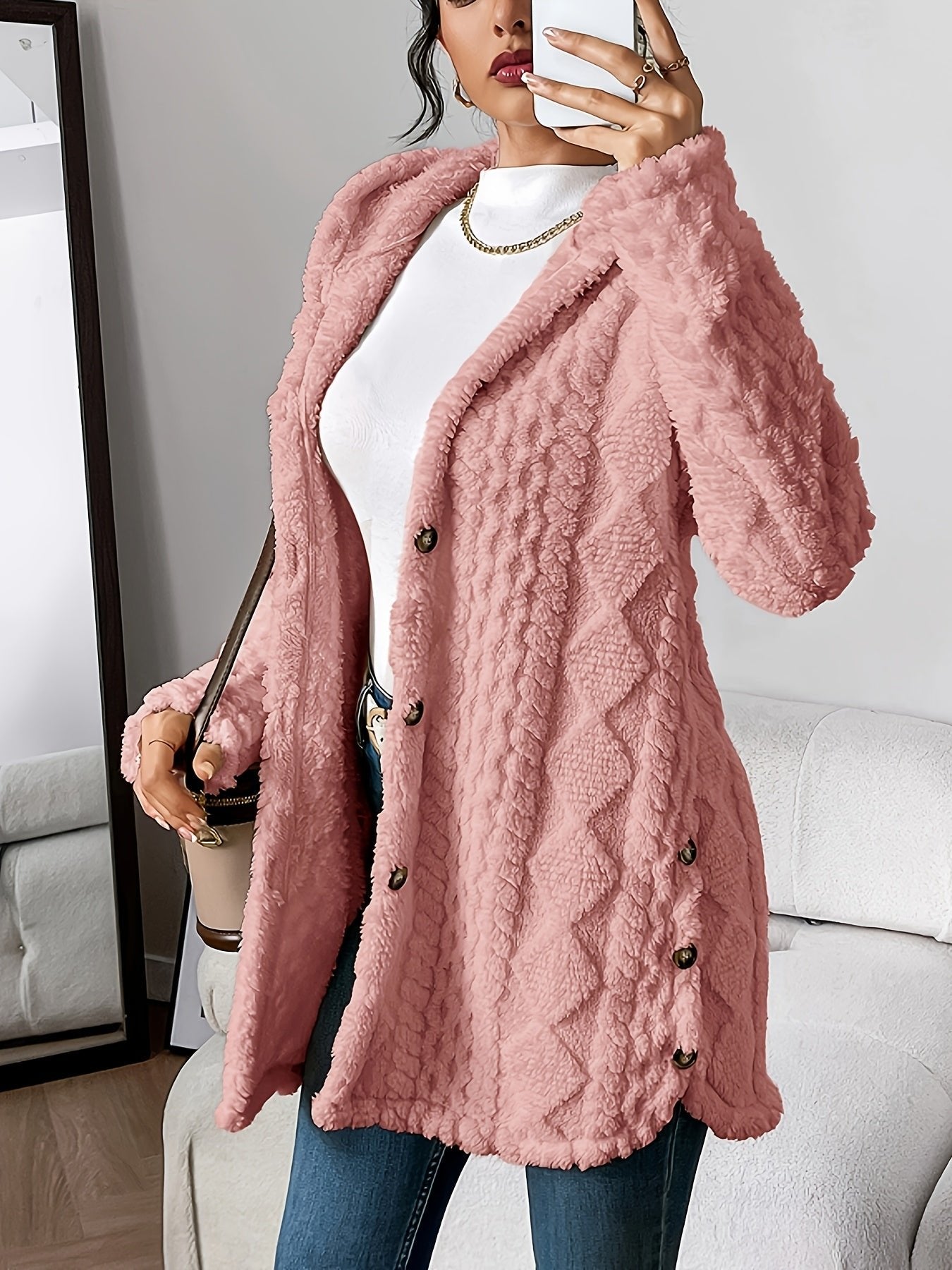 Women's Hooded Long Cardigan Plush Fleece Oversized Button-Front Winter Cozy Coat - Lolly 