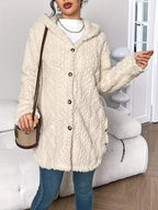 Women's Hooded Long Cardigan Plush Fleece Oversized Button-Front Winter Cozy Coat - Lolly 