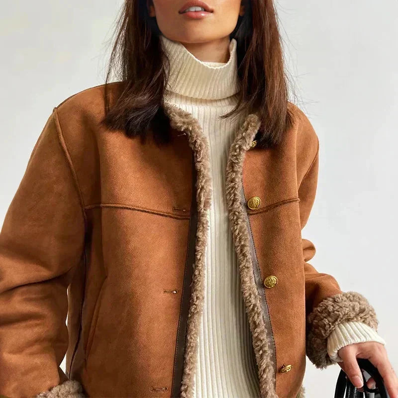 Women's Jacket – Cropped Sherpa Trim Button-Front - Lolly 