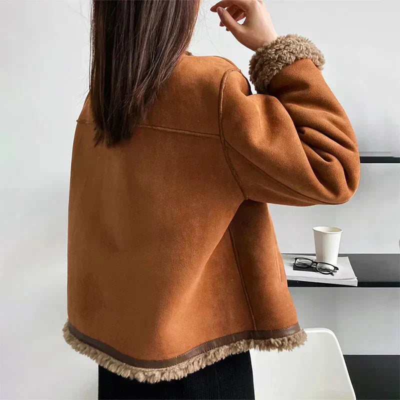 Women's Jacket – Cropped Sherpa Trim Button-Front - Lolly 