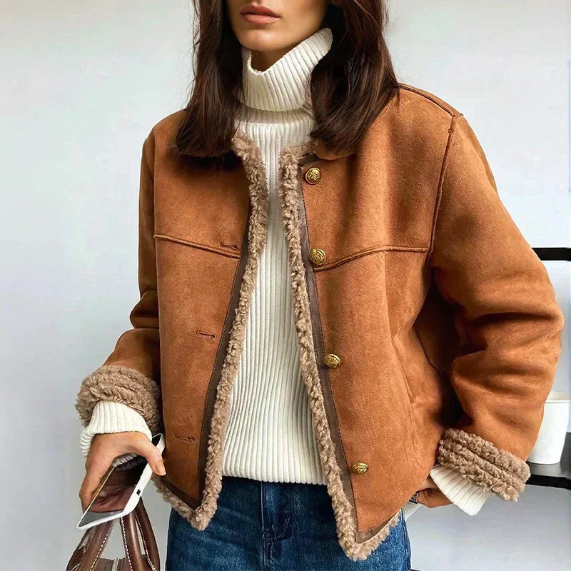 Women's Jacket – Cropped Sherpa Trim Button-Front - Lolly 