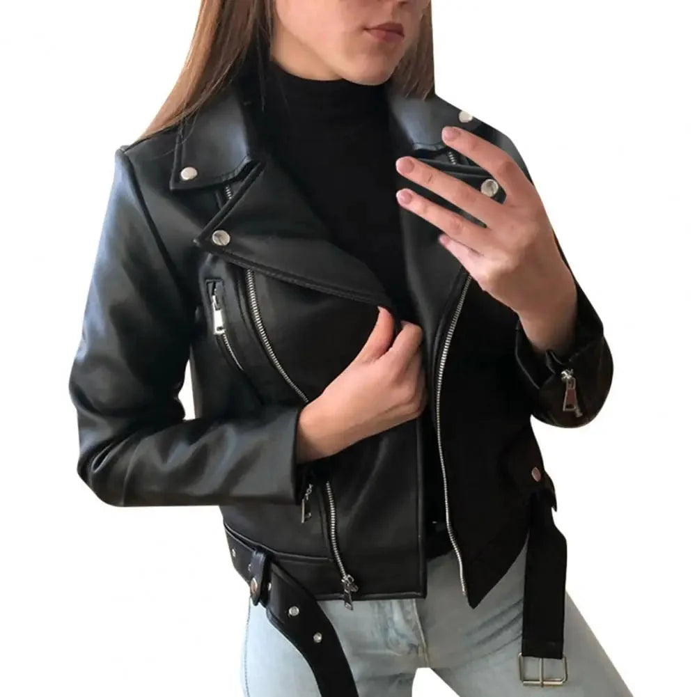 Women's Jacket with Asymmetric Zipper, Belted Hem and Notched Lapel - Lolly 