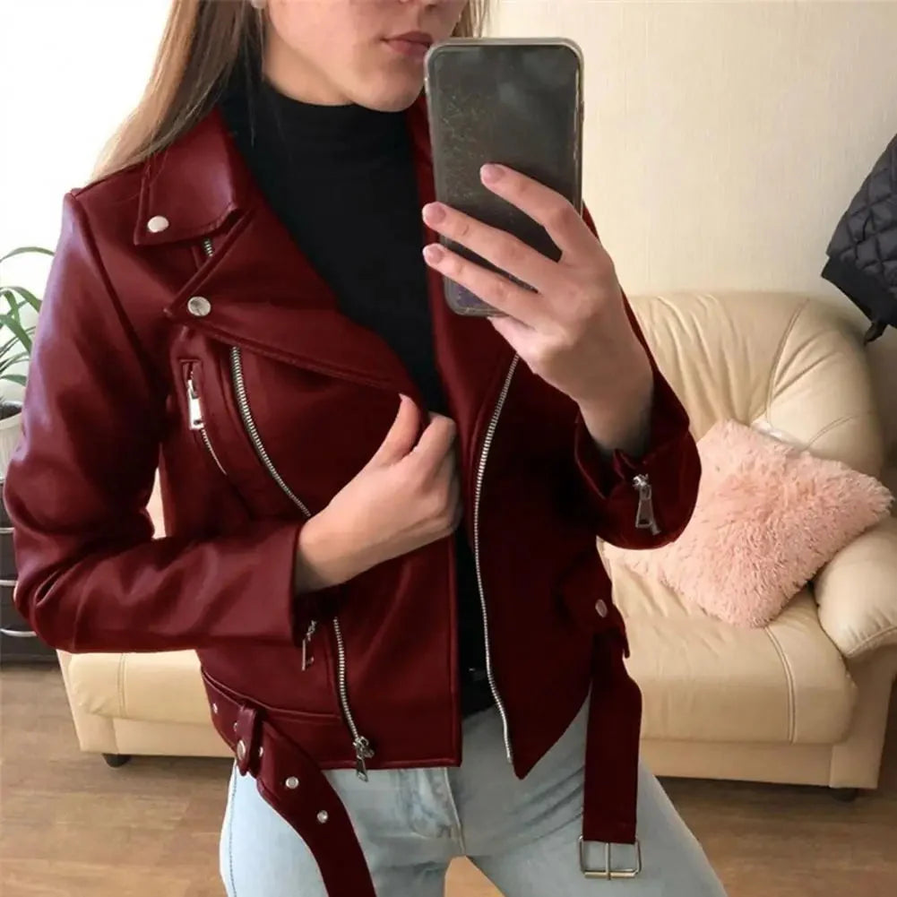 Women's Jacket with Asymmetric Zipper, Belted Hem and Notched Lapel - Lolly 