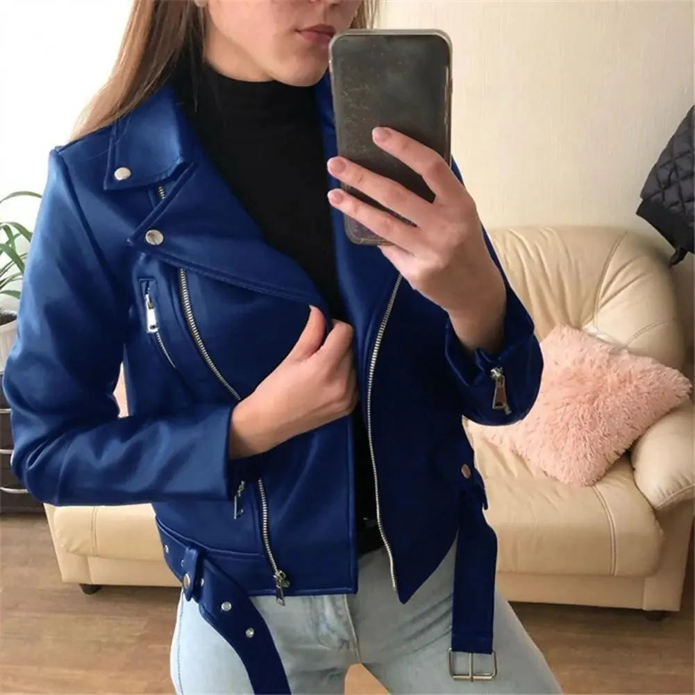 Women's Jacket with Asymmetric Zipper, Belted Hem and Notched Lapel - Lolly 