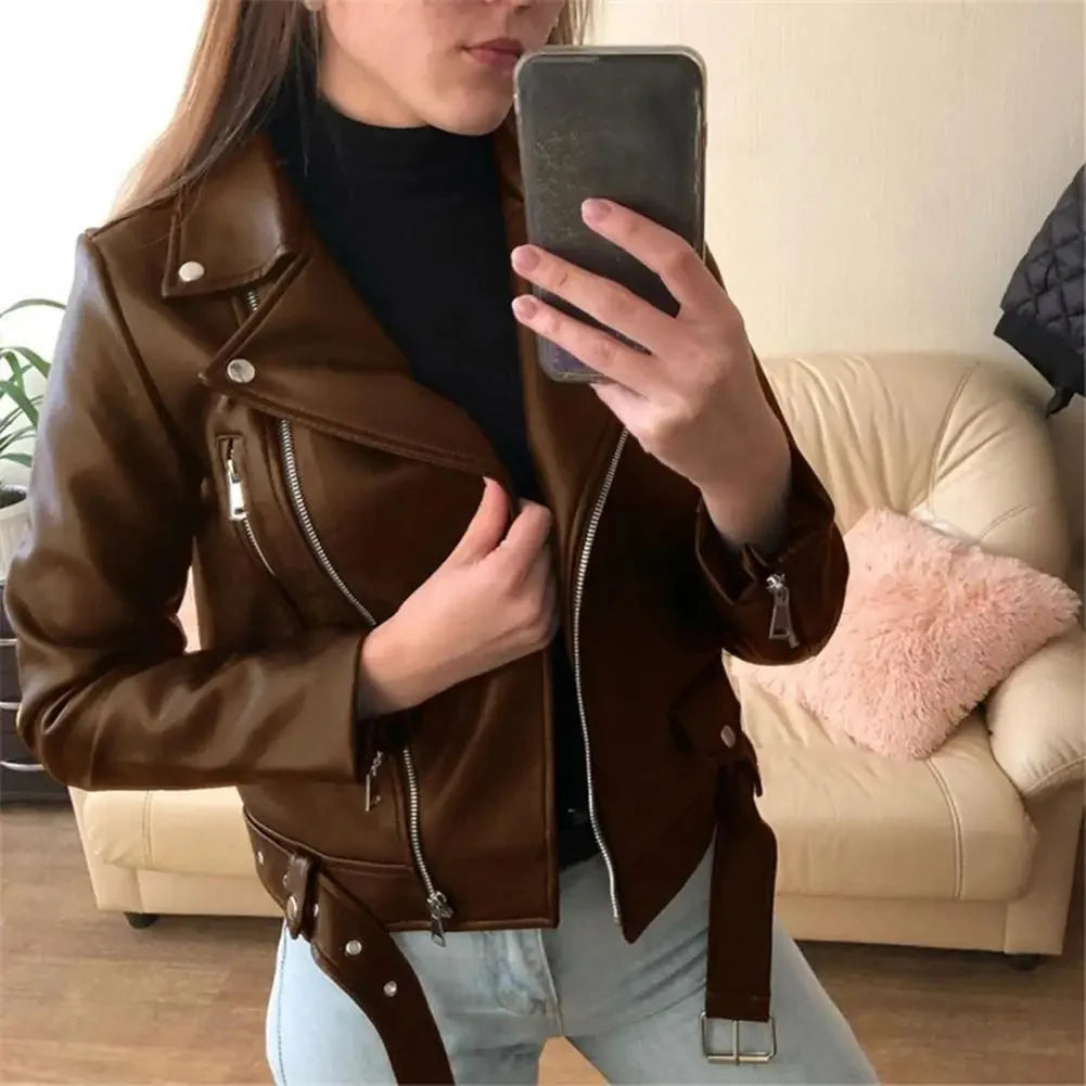Women's Jacket with Asymmetric Zipper, Belted Hem and Notched Lapel - Lolly 