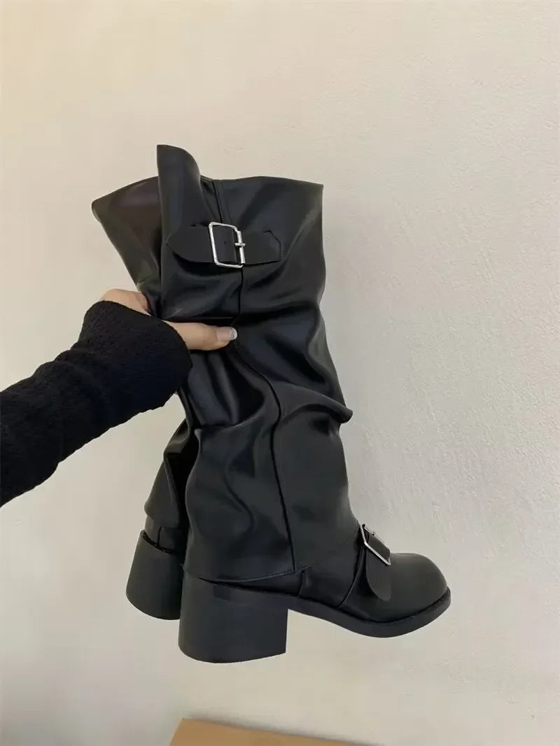 Women's Knee-High Boots Buckle Detail Block Heel Moto Biker Fall Winter - Lolly 