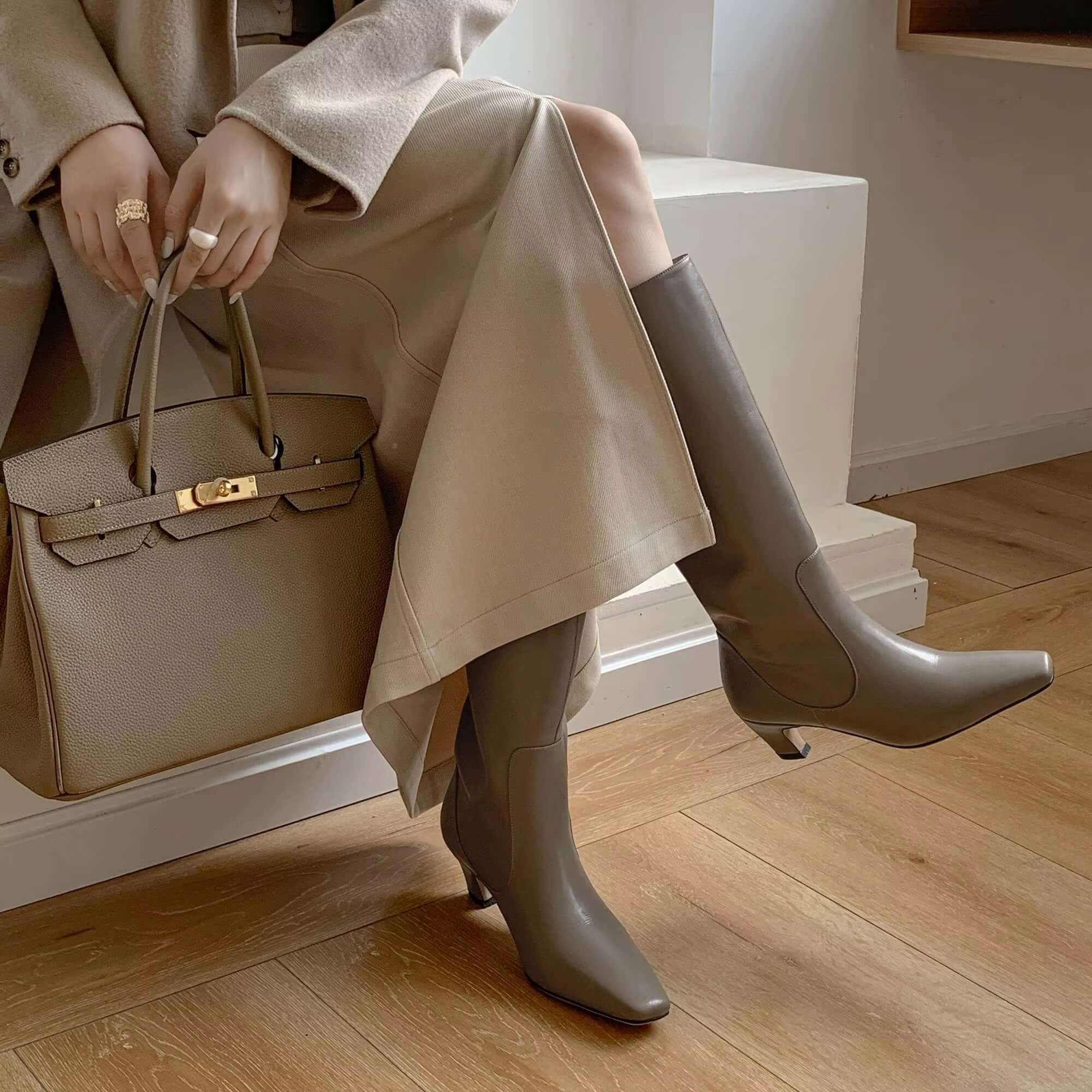 Women's Knee-High Boots Square Toe Kitten Heel Office Work Fall Winter - Lolly 