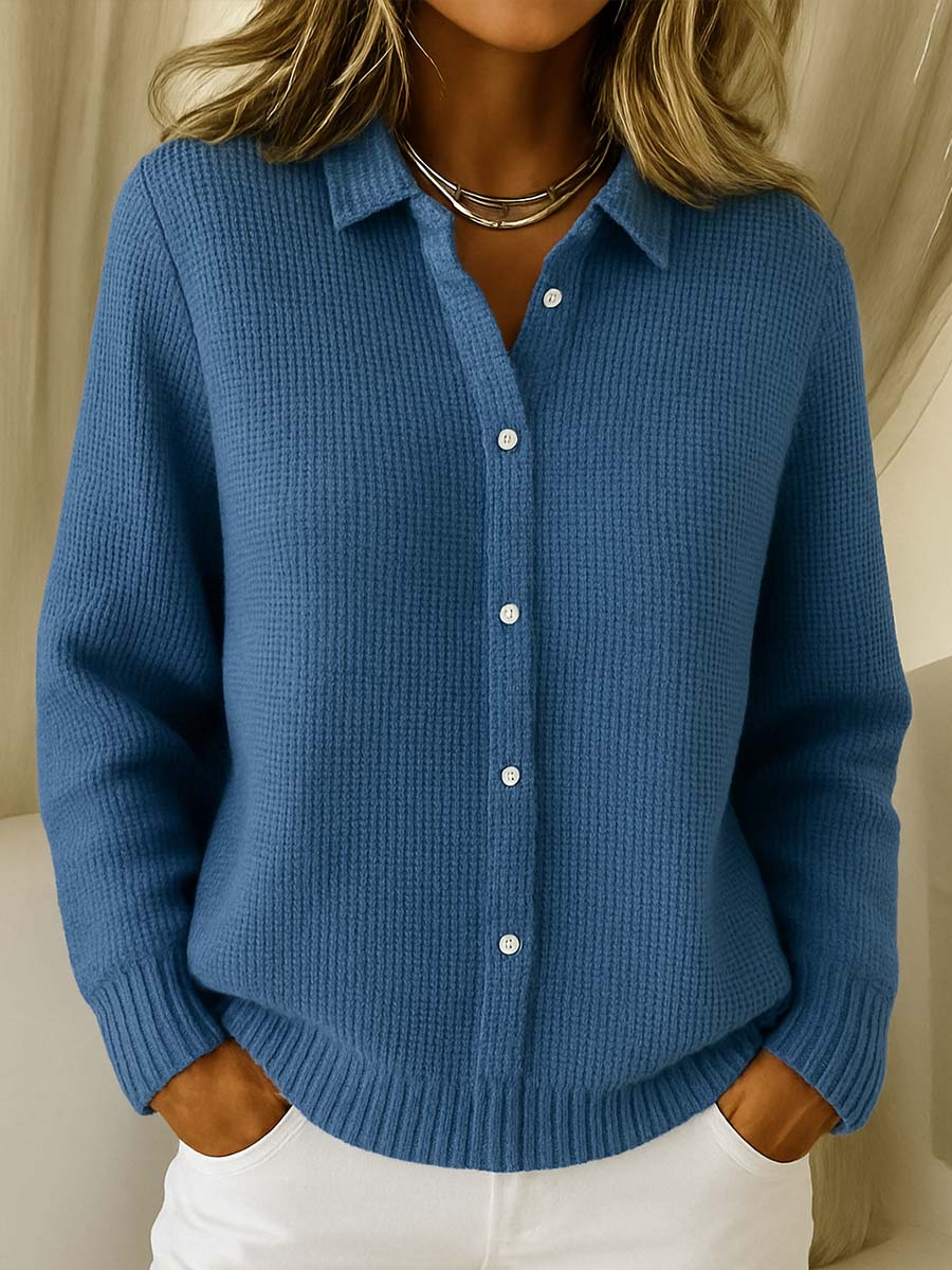 Women's Knit Button-Down Cardigan Long Sleeve Collared Sweater Casual Winter - Lolly 
