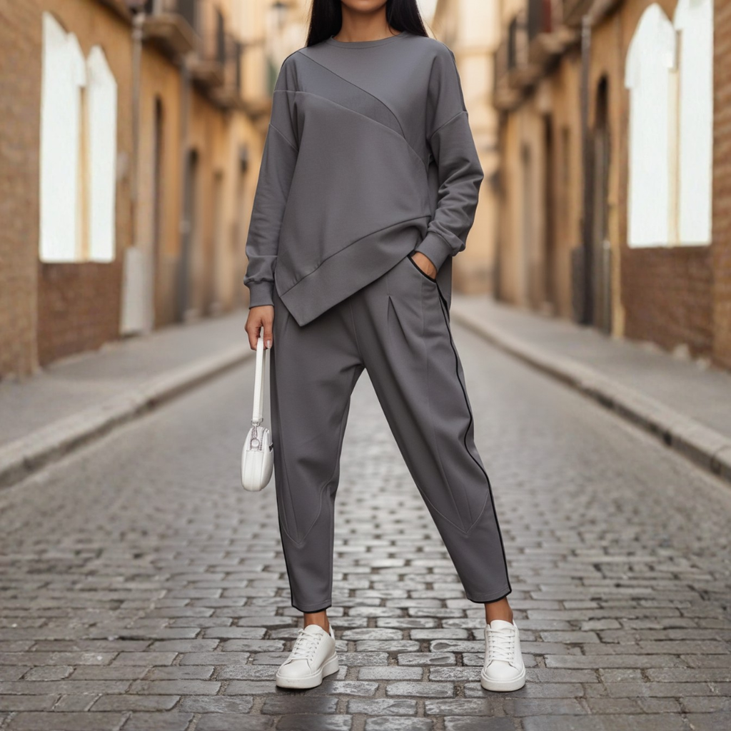 Women's Knit Two-Piece Shirt and Pants Set Casual Everyday Loungewear Streetwear Oversized Cozy Matching Outfit – Black Grey White - Lolly 