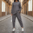 Women's Knit Two-Piece Shirt and Pants Set Casual Everyday Loungewear Streetwear Oversized Cozy Matching Outfit – Black Grey White - Lolly 