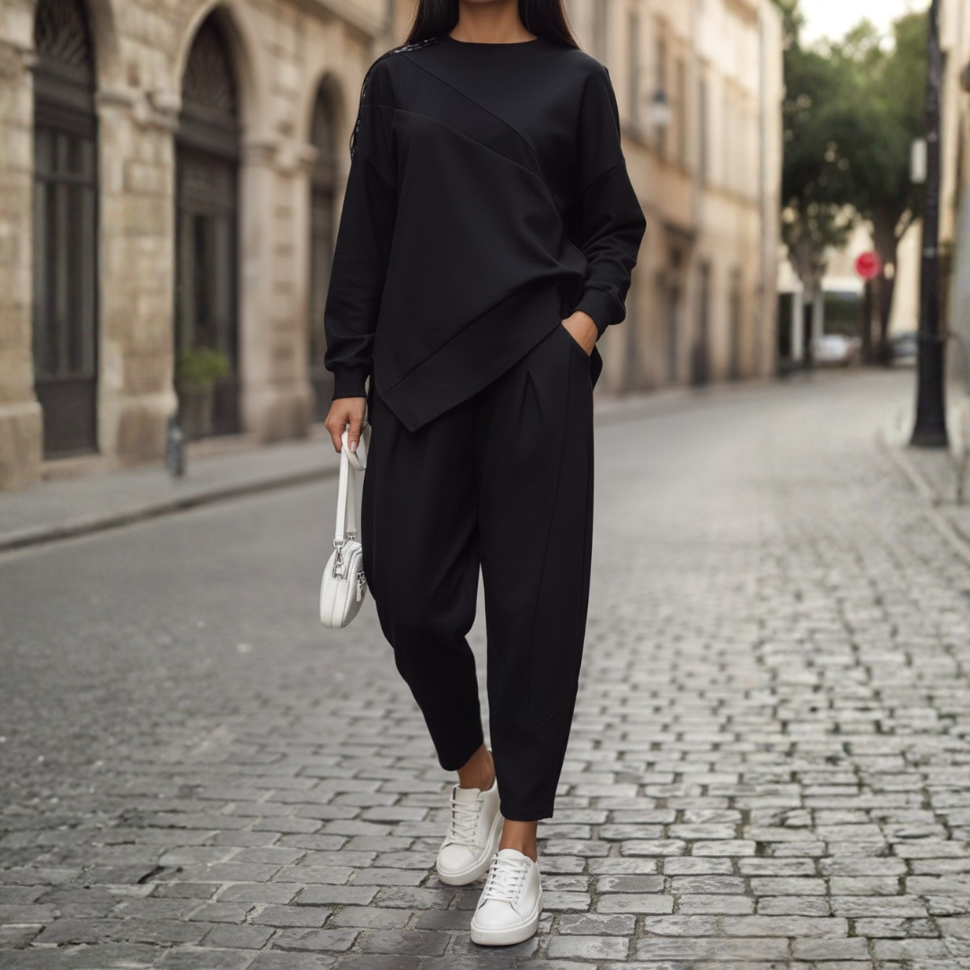 Women's Knit Two-Piece Shirt and Pants Set Casual Everyday Loungewear Streetwear Oversized Cozy Matching Outfit – Black Grey White - Lolly 