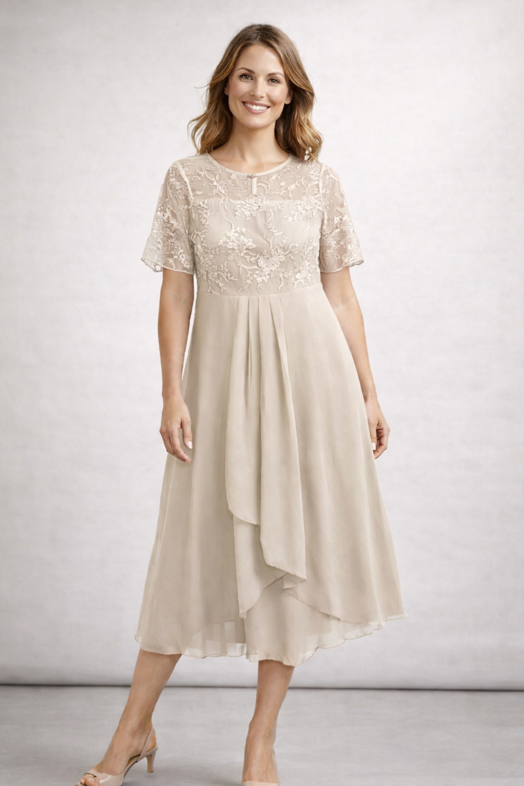 Women's Lace Chiffon Short Sleeve Midi Dress Wedding Guest Formal Eleg – Lolly