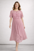 Women's Lace Chiffon Short Sleeve Midi Dress Wedding Guest Formal Elegant Flowy Plus Size - Lolly 