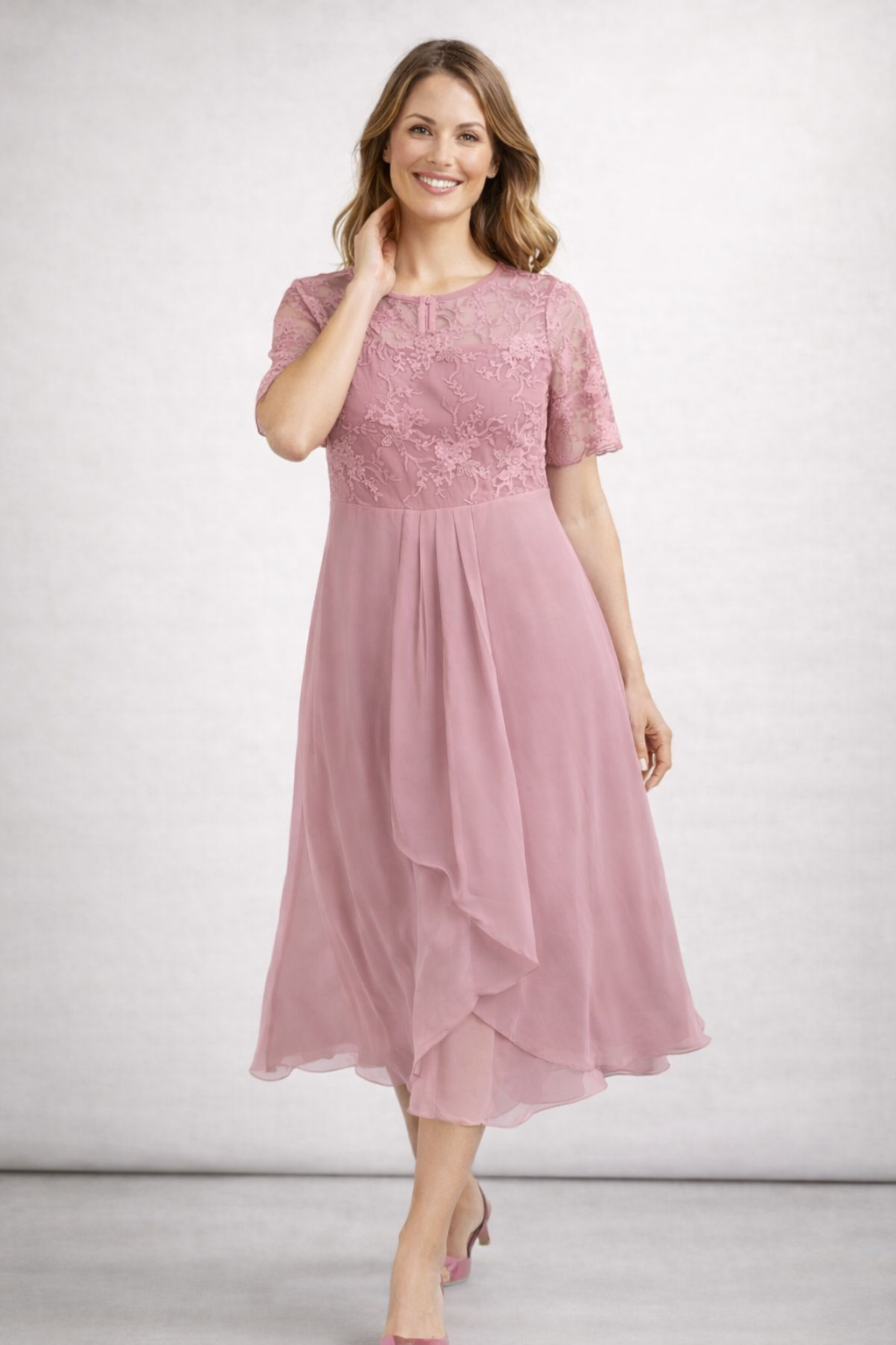 Women's Lace Chiffon Short Sleeve Midi Dress Wedding Guest Formal Elegant Flowy Plus Size - Lolly 