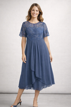 Women's Lace Chiffon Short Sleeve Midi Dress Wedding Guest Formal Elegant Flowy Plus Size - Lolly 
