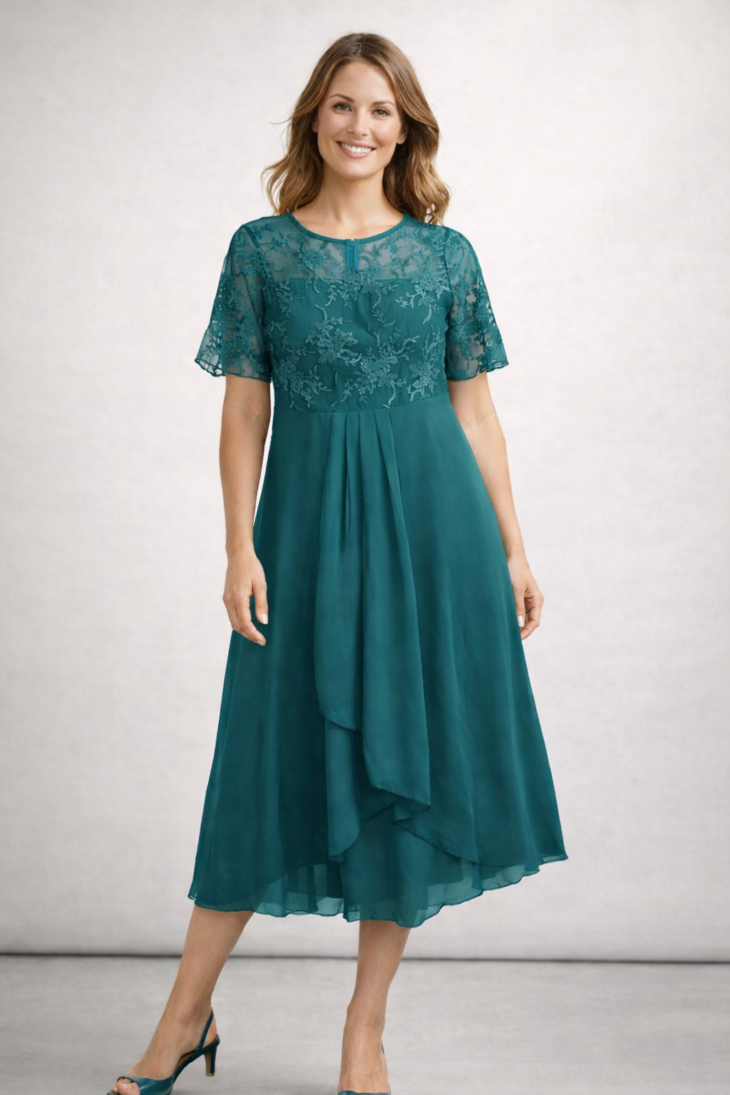 Women's Lace Chiffon Short Sleeve Midi Dress Wedding Guest Formal Eleg – Lolly