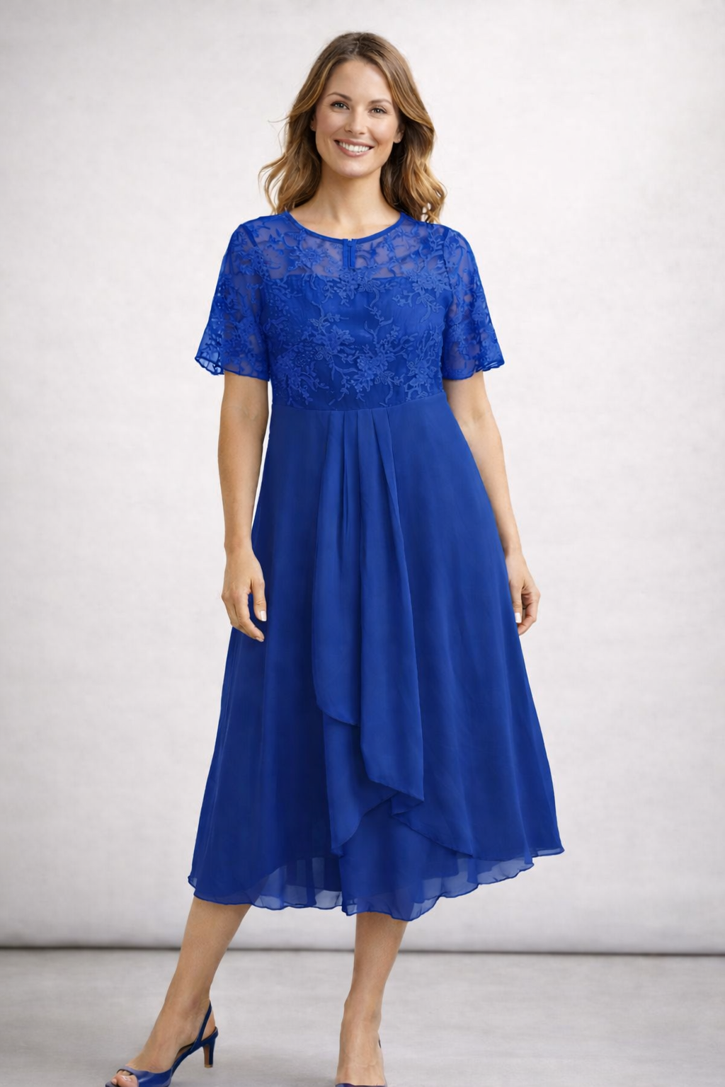 Women's Lace Chiffon Short Sleeve Midi Dress Wedding Guest Formal Elegant Flowy Plus Size - Lolly 