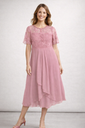 Women's Lace Chiffon Short Sleeve Midi Dress Wedding Guest Formal Elegant Flowy Plus Size - Lolly 