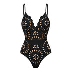 Women's Laser Cut Floral Hollow-Out One-Piece Swimsuit & Long Skirt Set V-Neck Beach Vacation Pool Party Resort Cruise – Black - Lolly 