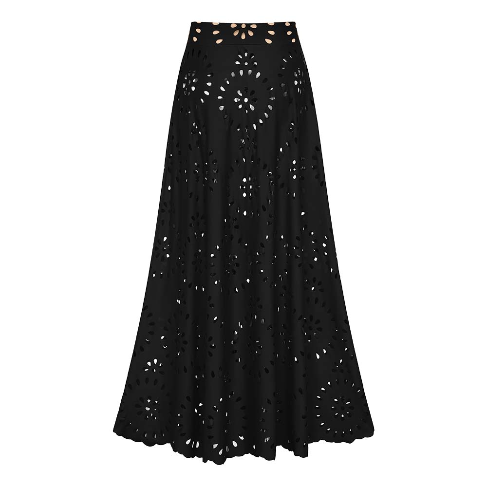 Women's Laser Cut Floral Hollow-Out One-Piece Swimsuit & Long Skirt Set V-Neck Beach Vacation Pool Party Resort Cruise – Black - Lolly 